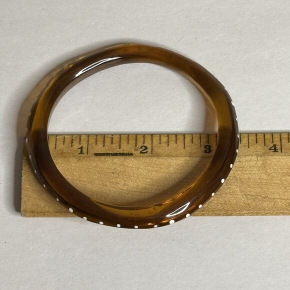 Vintage Translucent Brown Lucite Bangle Bracelet Spacer White Polka Dots - Picture 9 of 10